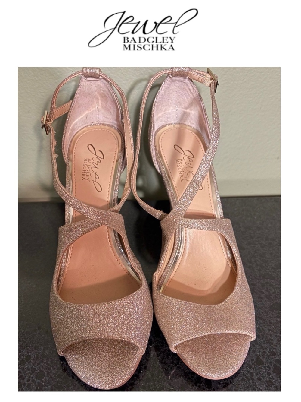 5/$30Jewel Badgley Mischka Jonna Rose Gold Glitter Cross-Strap Peep Toe Heel 7.5